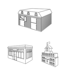 在集集合中构建和构造大纲图标以进行设计。建筑与住宅矢量等距符号库存 web 插图