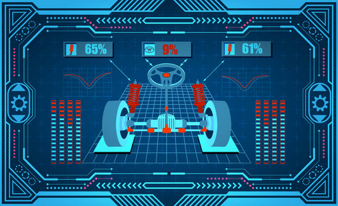 汽车服务。图形界面在一个程式化的框架。车轮的诊断对准, 减震器。插图