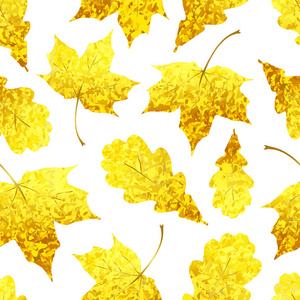 无缝图案与金色闪闪发光的枫树和橡木叶。白色背景的秋纺织品矢量插图