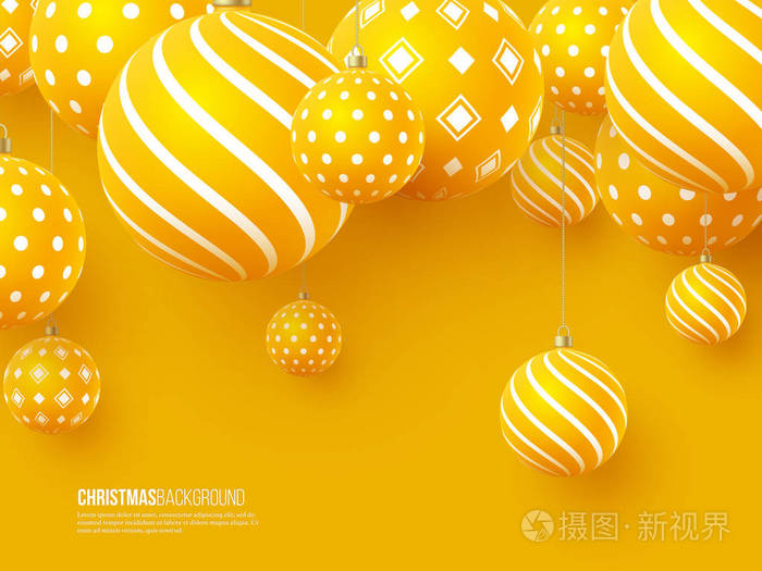 带有几何图案的圣诞黄球..三维现实风格，抽象节日背景。矢量图。