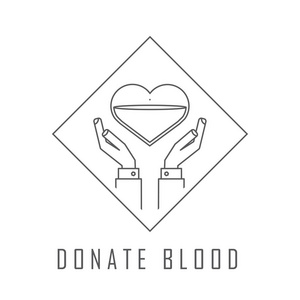 献血的概念。 献血公益广告标志。 手和心与血液。矢量设计插图。