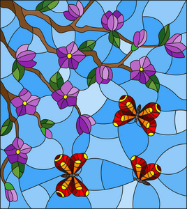 彩色玻璃样式的插图，一棵开花的树的枝条，蓝色背景上有紫色的花和叶子，还有鲜红的蝴蝶