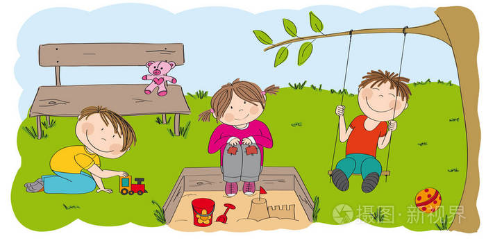 快乐的学龄前儿童在公园花园外面玩耍手绘插图原件