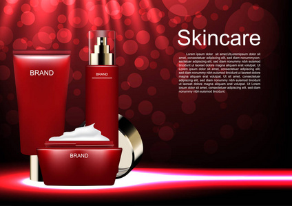 化妆品广告模板化妆品设置与红色的bokeh和发光的黑暗背景