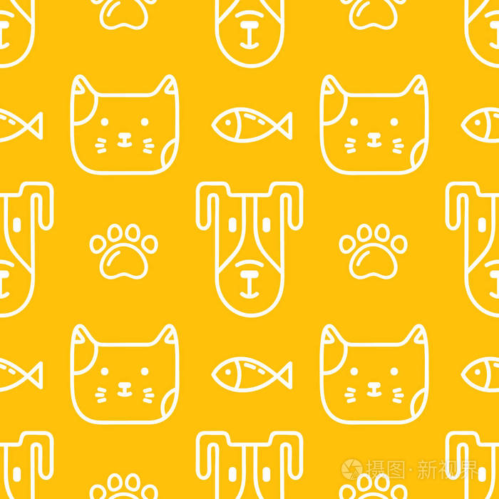 可爱的时尚无缝图案与猫和狗涂鸦线艺术图标.