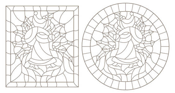 一套彩色玻璃风格的新年轮廓插图和克里斯马桑塔克劳斯霍利枝和丝带在框架圆形和方形图像。