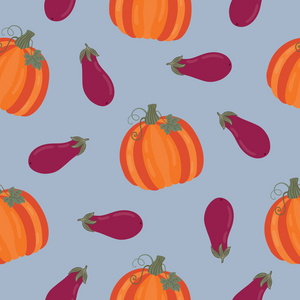 矢量无缝秋收模式与蔬菜南瓜和茄子。 图案适合包装纸和织物
