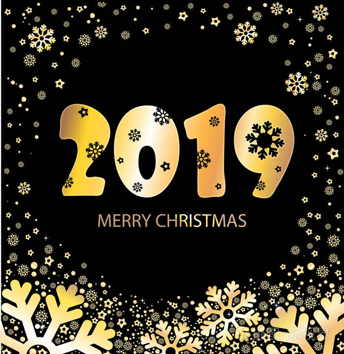 2019年幸福新年贺卡设计用黑色背景和金色雪花上2019年的数字迎接新年