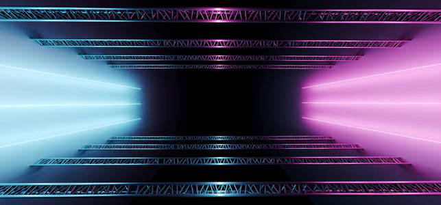 科幻未来主义复古现代金属舞台结构与空空间和霓虹灯发光紫色和蓝光管背景3渲染插图。