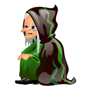 灰色头发的老巫婆在黑色和绿色斗篷被隔绝在白色背景.