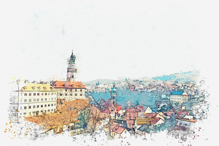捷克共和国捷克克鲁姆洛夫的水彩素描或传统建筑插图
