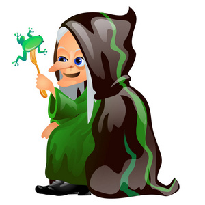 节日精神黑色斗篷里的老灰头发女巫吃着一只在白色背景下被隔离的叉子