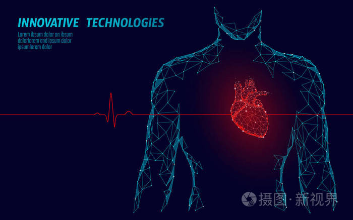 人体剪影健康心脏跳动3d 医学模型低聚 三角形连接点辉光点红色背景 脉冲内体现代创新技术渲染矢量插画插画 正版商用图片136ti7 摄图新视界