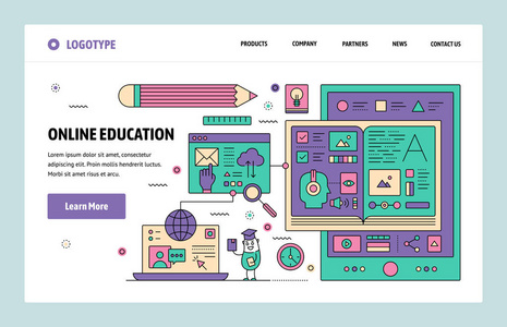 矢量网站线形艺术设计模板。网络教育和互联网网络研讨会。登陆页面概念为网站和移动开发。现代平面插图