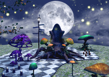 黑暗的童话场景，树座，蘑菇和蜡烛。