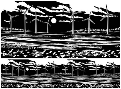 用风力发电机描绘一个风景如画的田野。 如果需要，横向无缝