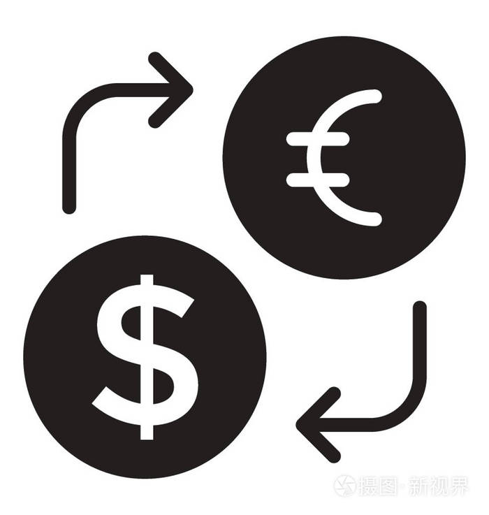 美元和欧元硬币，箭头显示货币兑换图标