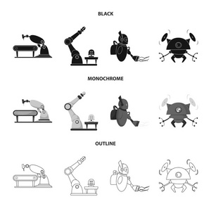 机器人和工厂标识的矢量设计。一套机器人和空间矢量图标的股票