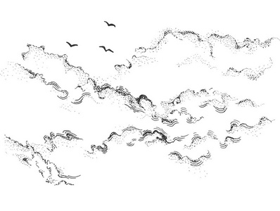 带有云背景的手绘天空的矢量插图. 老式雕刻风格.照片