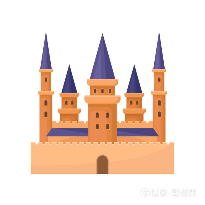 皇家宫殿的平面矢量图标.城堡与高塔和紫色圆锥屋顶.