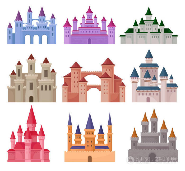 平面向量集大童话城堡.中世纪宫殿与高塔和锥形屋顶