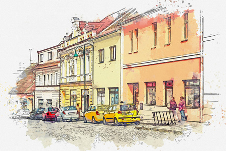 水彩素描或插图。捷克共和国古民居建筑