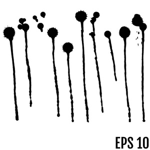 矢量集黑色墨水飞溅印迹和刷子笔画隔离在白色背景上。 一系列矢量飞溅印迹刷笔画和设计元素。
