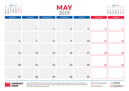 五月2019。日历规划师文具设计模板。 矢量图。 星期一开始