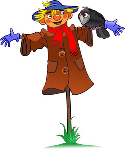 农业装饰可爱稻草人稻草人. 乌鸦在手边. 矢量图照片