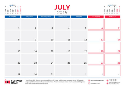 2019年7月日历规划师文具设计模板。 矢量图。 星期一开始