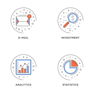 电子邮件投资分析统计。 一组4个平线图标。 平面线插图概念的网页横幅和印刷材料。 矢量插图