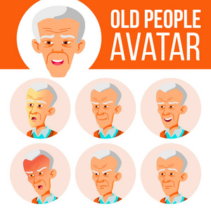 亚洲老人头像设定矢量。面对情绪。高级人物肖像。老人。老年。孩子。漂亮有趣卡通头像插图
