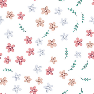 矢量无缝图案与小简单的花和绿叶在白色背景上。