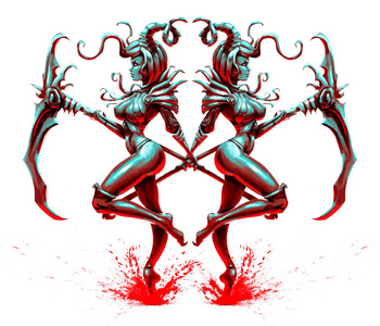 恶魔长袍性感的女性恶魔和镰刀站在一条腿上照片