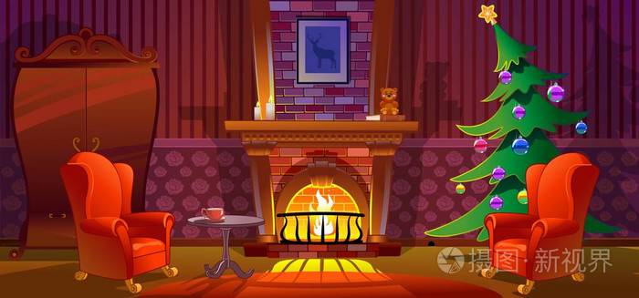 房间内部有壁炉. 圣诞节
