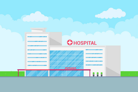 景观医院建筑医学概念平面设计。 全景背景与医院建筑植物绿草多云的天空和背景。 商业或海报的模板。
