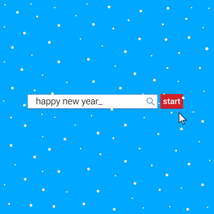 搜索栏与文本快乐新年和按钮与箭头光标指针。平面风格设计邀请新年晚会或活动明信片矢量插图孤立在雪背景上。