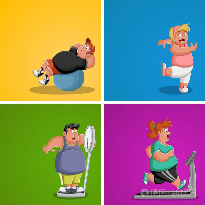 卡通超重运动员训练胖子在锻炼