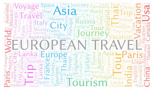 欧洲旅行词云。WordCloud只用文字制作。