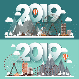 矢量插图。2019冬天城市风景。城市与雪。圣诞节和新年。市容.建筑物. Mountaines, 自然。摩天轮, 公园