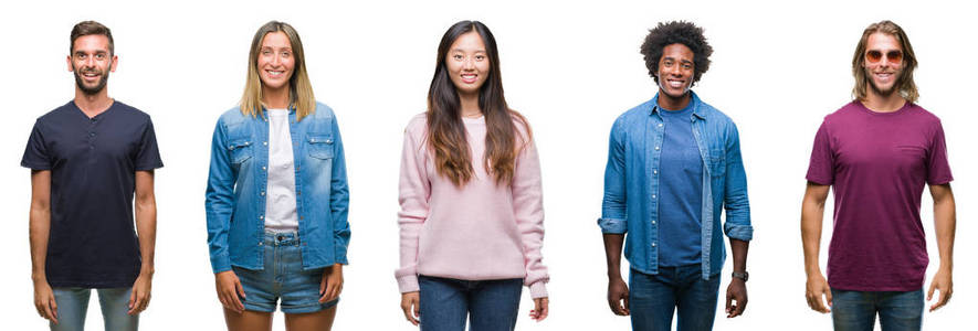 非裔美国人拉美裔和中国人群的组成在孤立的白色背景上,脸上带着快乐