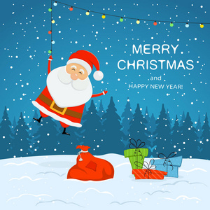 快乐的圣诞老人带着包礼品盒和五颜六色的圣诞灯。 在冬天的背景上，用降雪插图来表达圣诞快乐和新年快乐。
