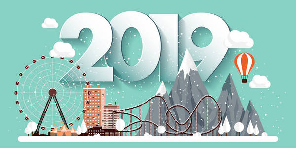 矢量插图。2019冬天城市风景。城市与雪。圣诞节和新年。市容.建筑物. Mountaines, 自然。摩天轮, 公园