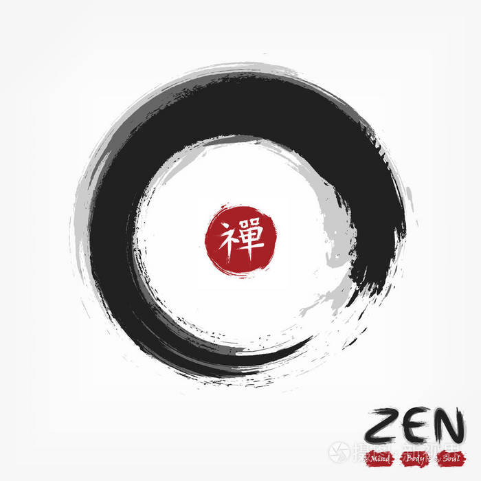 恩索禅宗圆圈风格 苏米的设计 黑色灰色重叠颜色 带有汉字书法的红色圆形邮票 中文 日语 字母表翻译 意思是禅宗 灰色插画 正版商用图片137pou 摄图新视界