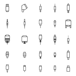 一套不同的视频和音频插头的细线隔离在白色背景上。 计算机附件和数字设备矢量插图设计要素。