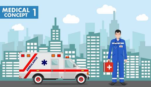 医学概念。 详细说明医务人员制服背景与城市景观的平面风格。 矢量图。