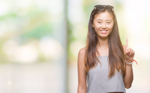 年轻的亚洲女人戴着太阳镜，在孤立的背景上展示和指着第一手指，同时微笑自信和快乐。