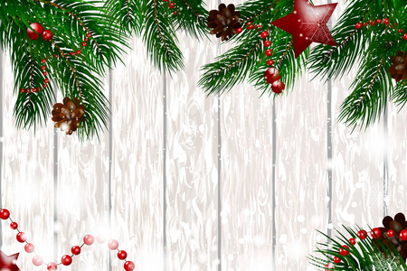 圣诞木质背景与杉木树枝和雪。圣诞快乐。矢量插图。圣诞贺卡矢量背景