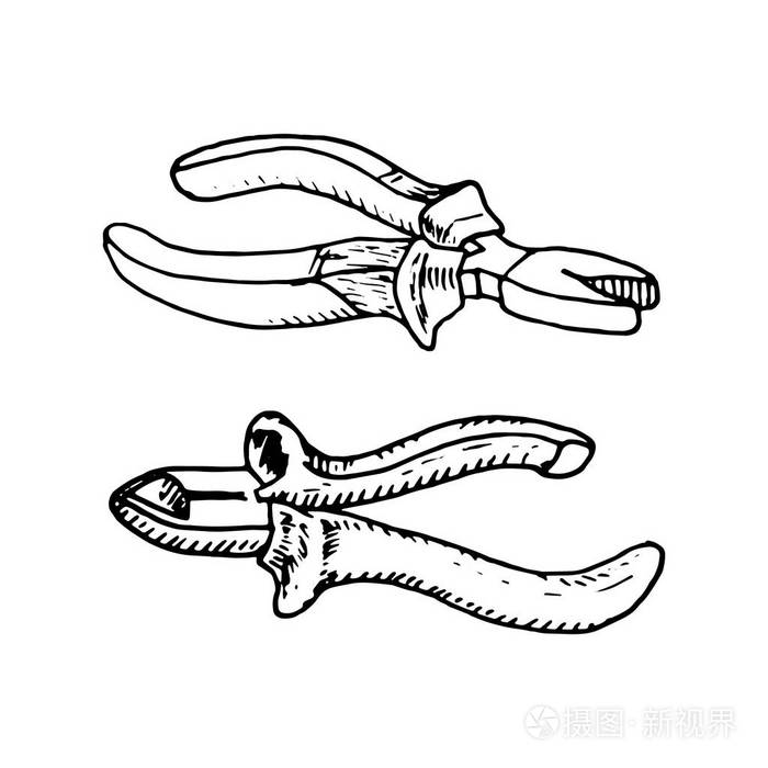 手拉钳和钳子. 素描风格图标. 装饰元素. 孤立在白色背景上.