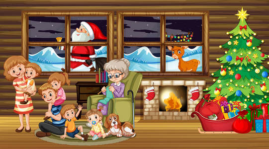 一家人坐在圣诞树上的插图周围图片